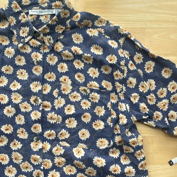 Vintage Sunflower Cotton Linen Blue Button Up - Picture 3 of 3
